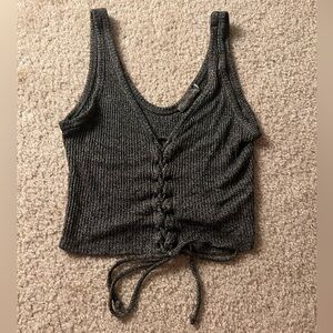 Don’t Ask Why Marled Gray Ribbed Lace-Up Front Cropped Tank
